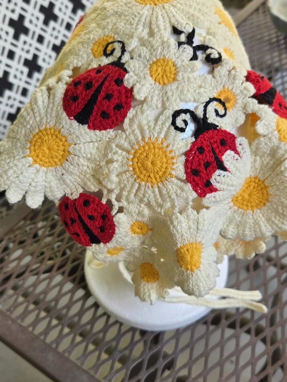 Crochet Daisy & Ladybug Headscarf - Cream and Yellow